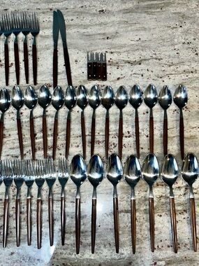 49 PIECES ECKO ETERNA FLATWARE / MCM / BROWN WOOD HANDLE FORGED STAINLESS /JAPAN